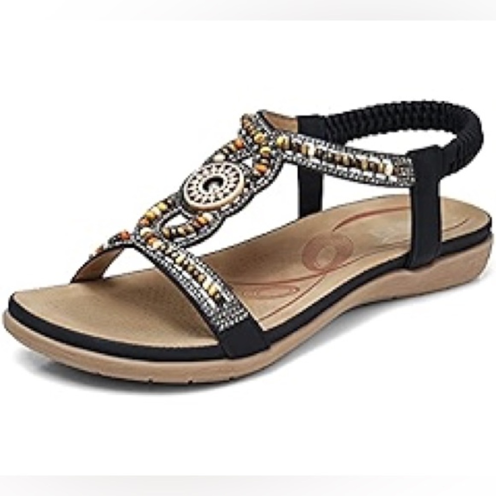 Shibever beaded embellished ankle strap flat sandals shoes size 43 (USA 10)